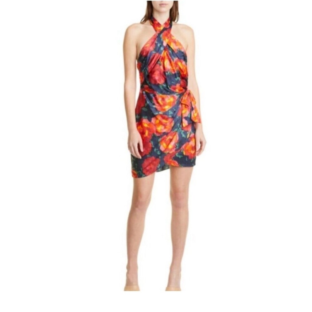Cinq à Sept Trini satin floral halter neck mini wrap dress Size 8